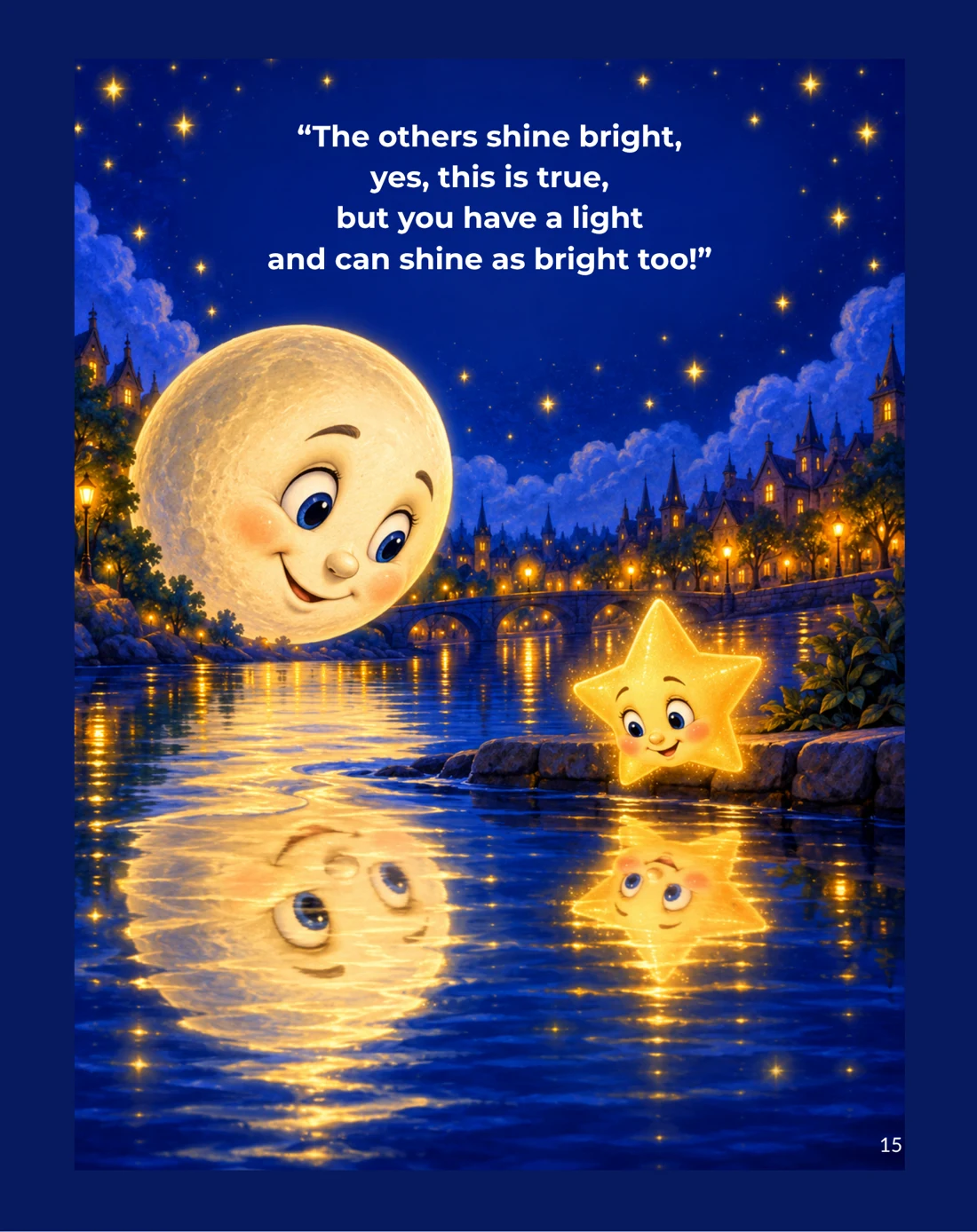 The Moon encourages the little star above a lake reflecting their golden light